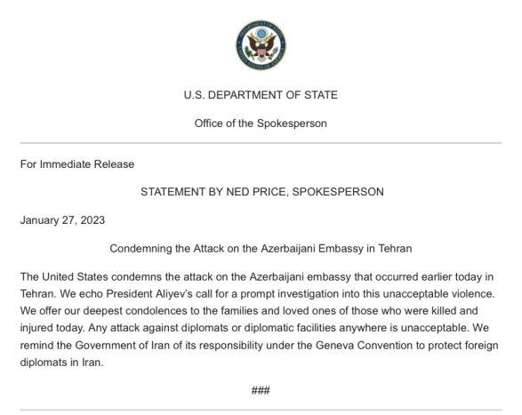 US condemns armed attack on Azerbaijani embassy in Tehran