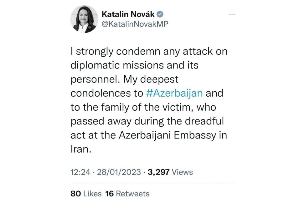 Hungarian president condemns armed attack on Azerbaijani embassy in Tehran