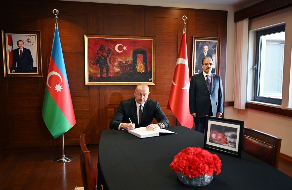 Azerbaijani president visits Turkiye's Baku embassy to express condolences over numerous human casualties [UPDATE]