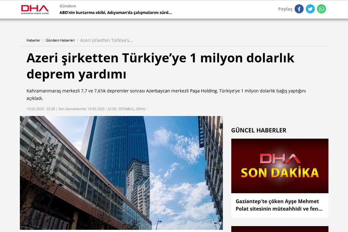 PASHA Holding's aid campaign to Turkiye hit the headlines of national media