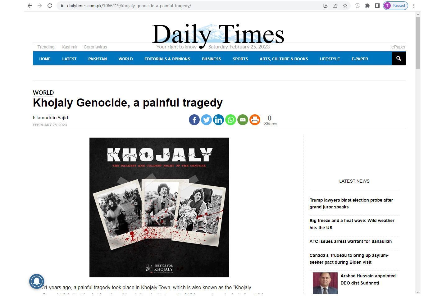 Pakistani Newspaper on Khojaly genocide
