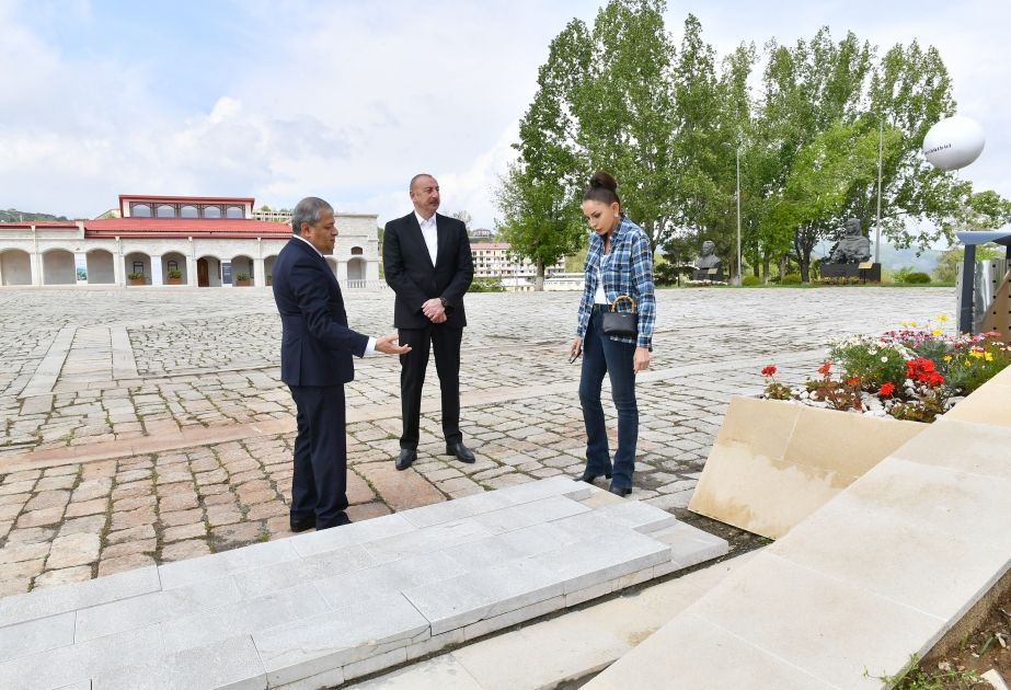Azerbaijani President and First Lady view works to be carried out in front of administrative building of Special Representative Office, Shusha [VIDEO]