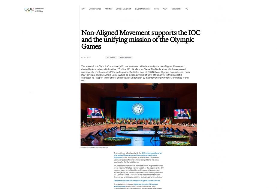 IOC head thanks Azerbaijani President for Baku Declaration of Non-Aligned Movement - Gallery Image