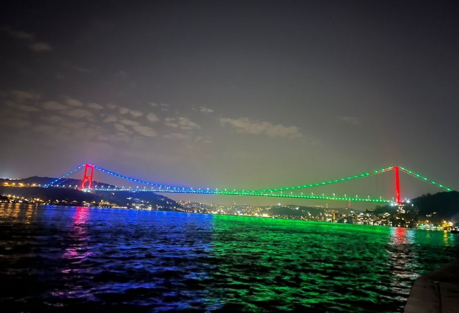 Bridges of Istanbul illuminated with colors of Azerbaijan's Flag