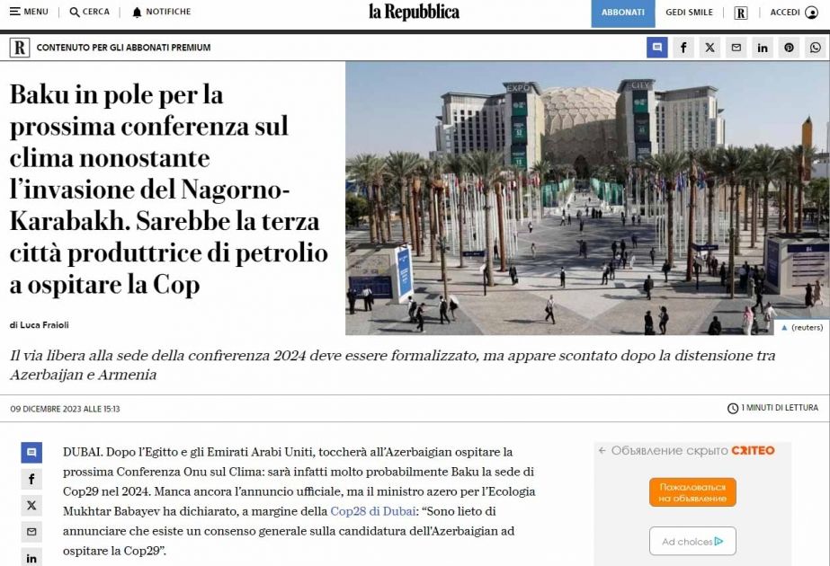 Italian newspaper La Repubblica : Baku Hosts COP29 [PHOTOS]