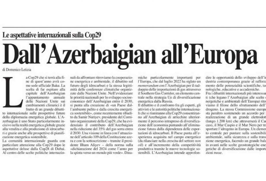 Italian publication writes on expectations from COP29 to be held in Baku