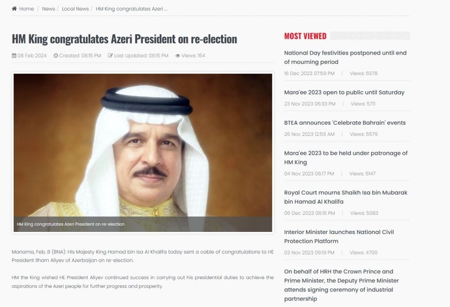 Bahraini King congratulates Azerbaijani President on his landslide victory in presidential election