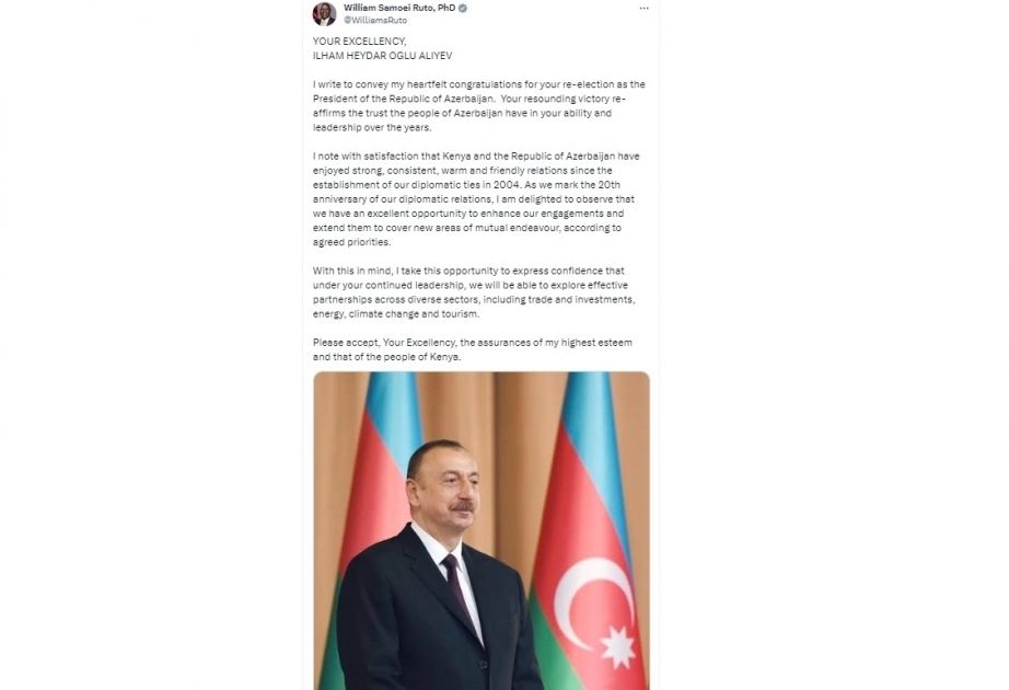President of Kenya congratulates Ilham Aliyev on his victory in presidential election