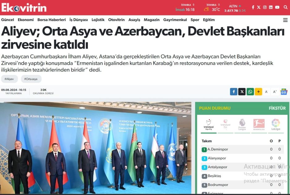 Turkish media: President Ilham Aliyev highlights cooperation with Central Asian countries