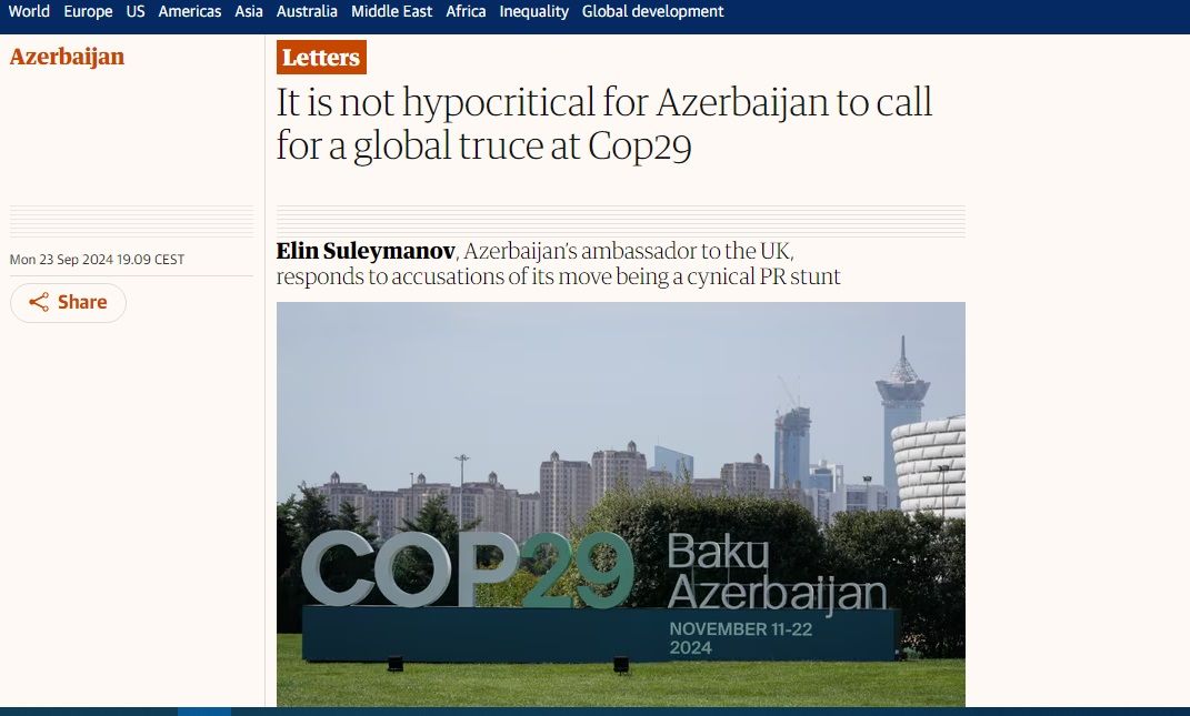 The Guardian puts in limelight Azerbaijani Ambssador's response to biased accusations against Baku ahead of COP29