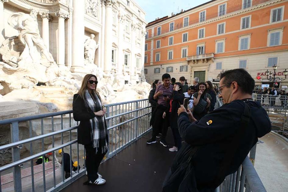 Portable bridge for tourists installed at Trevi Fountain in Rome