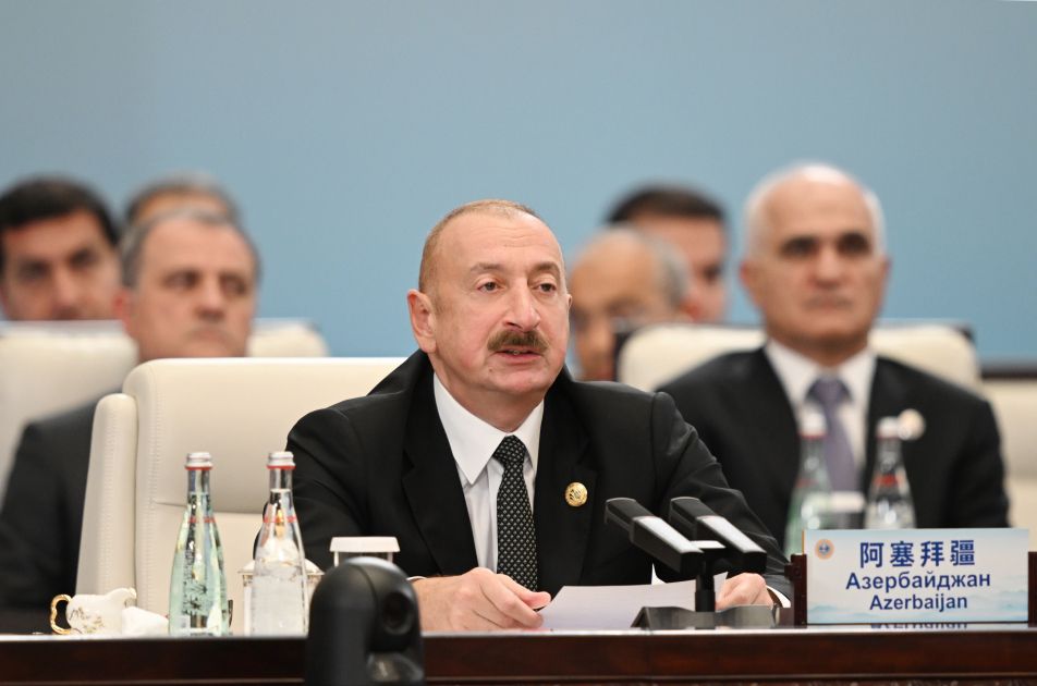 President Ilham Aliyev addresses SCO Plus meeting held in Tianjin, China [PHOTOS]