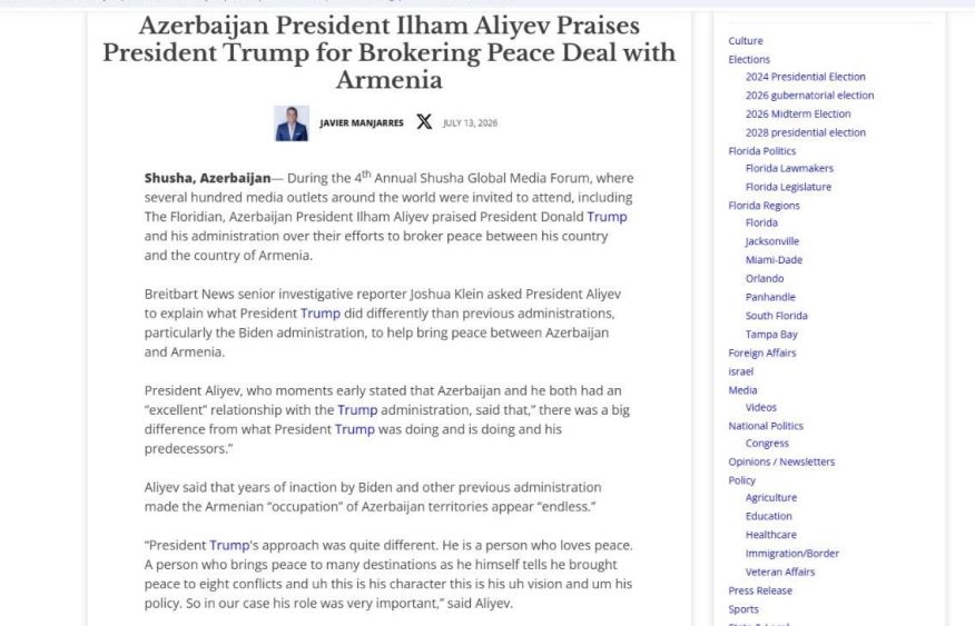 The Floridian highlights President Ilham Aliyev’s remarks on Trump’s contribution to peace process