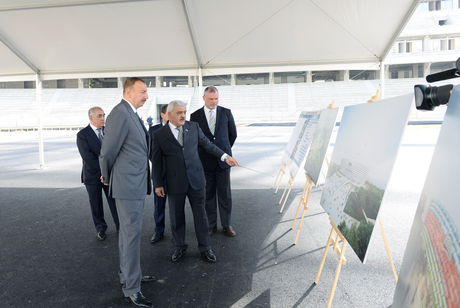 President Aliyev reviews construction of Baku Olympic Stadium