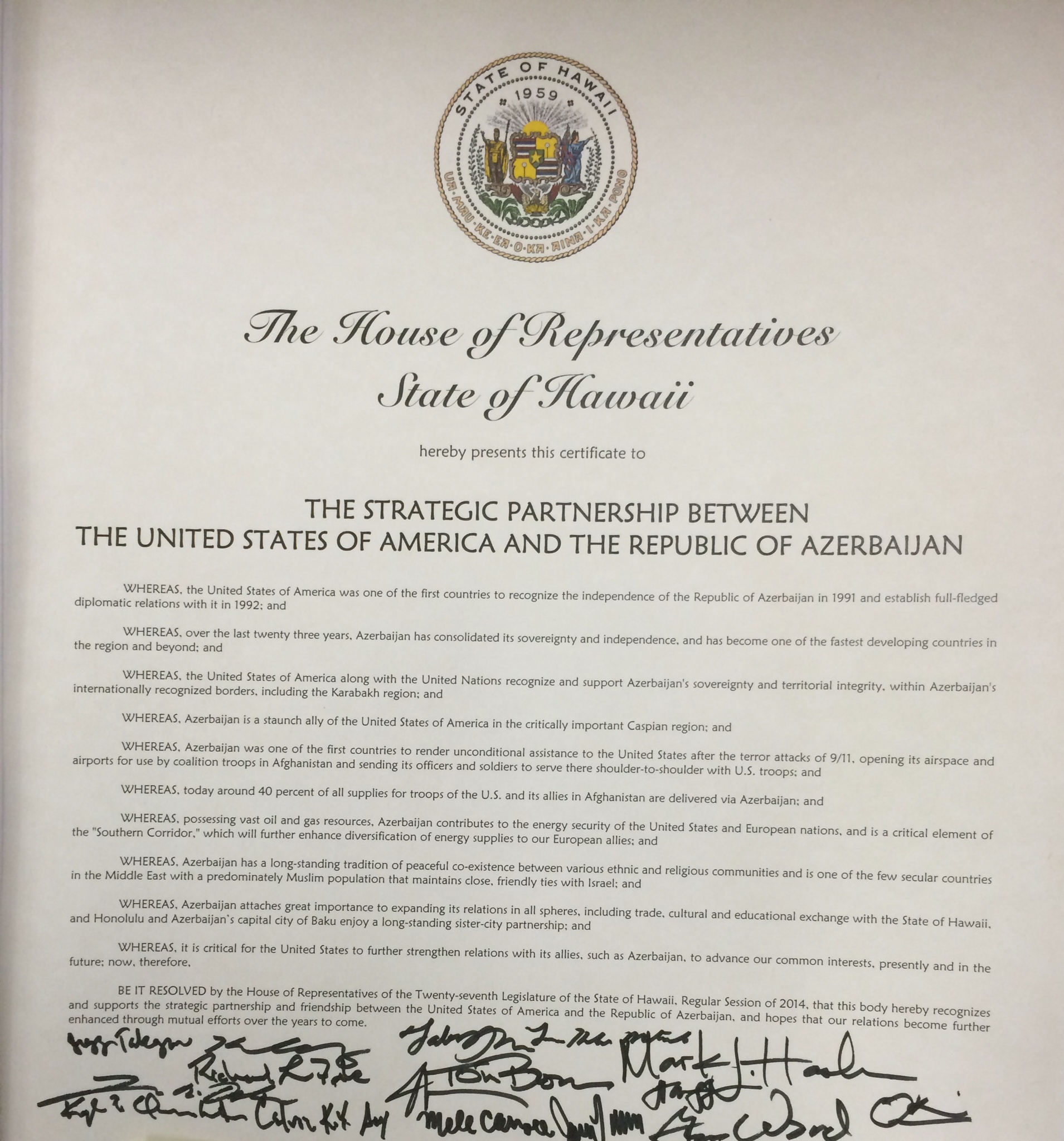 U.S. State of Hawaii backs Azerbaijan’s territorial integrity