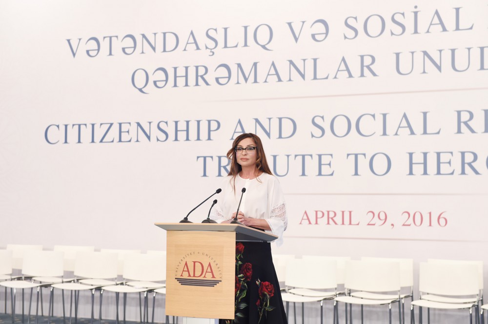 First Lady Mehriban Aliyeva attends “Citizenship and Social Responsibility: Tribute to Heroes” event at ADA University