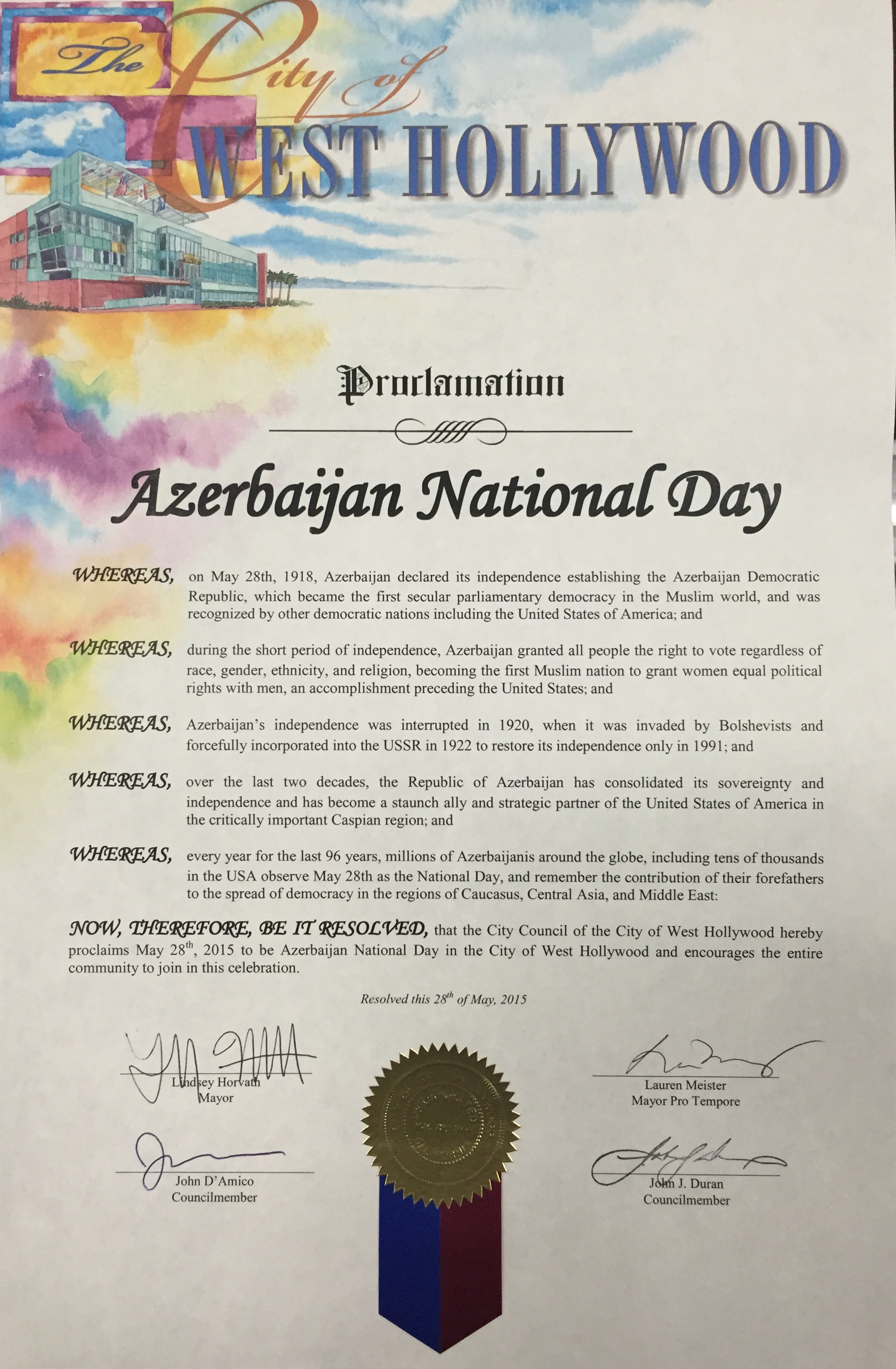 West Hollywood declares May 28 “Azerbaijan National Day”