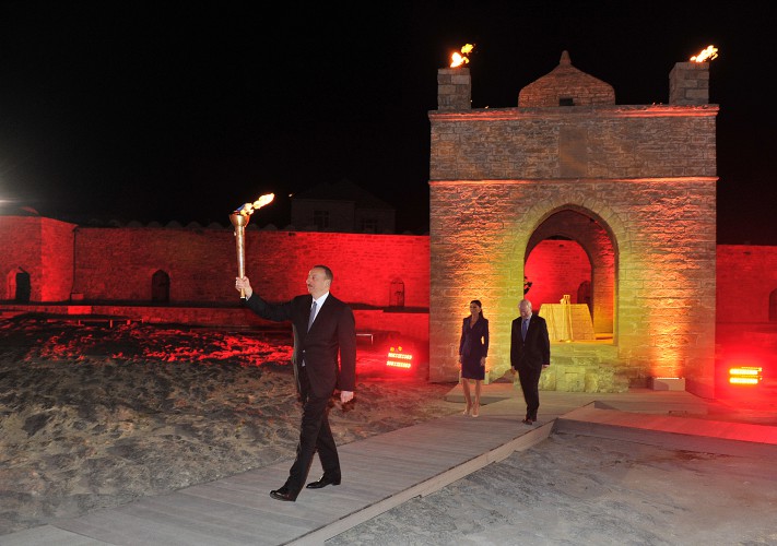 President Aliyev lit  Baku 2015 flame at Ateshgah temple