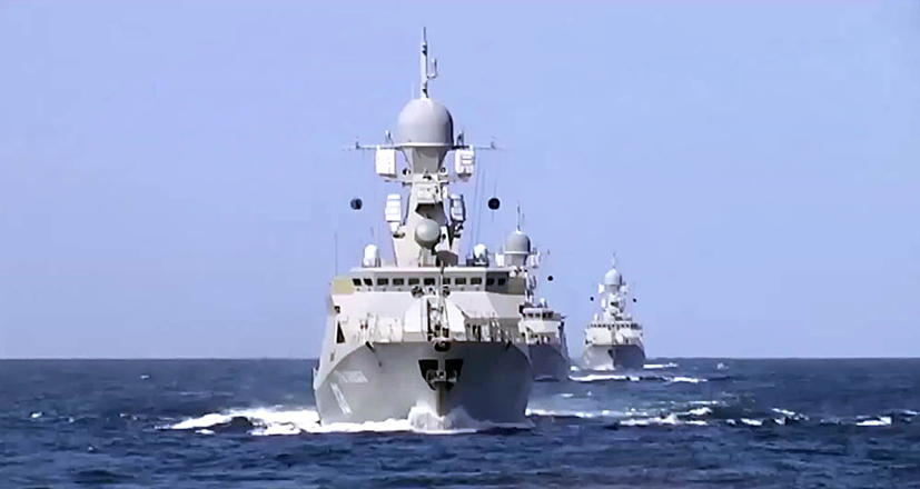 Russian Navy warships conduct exercises in Caspian Sea