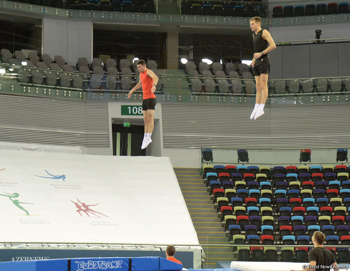 Podium training of FIG World Cup trampoline gymnasts starts